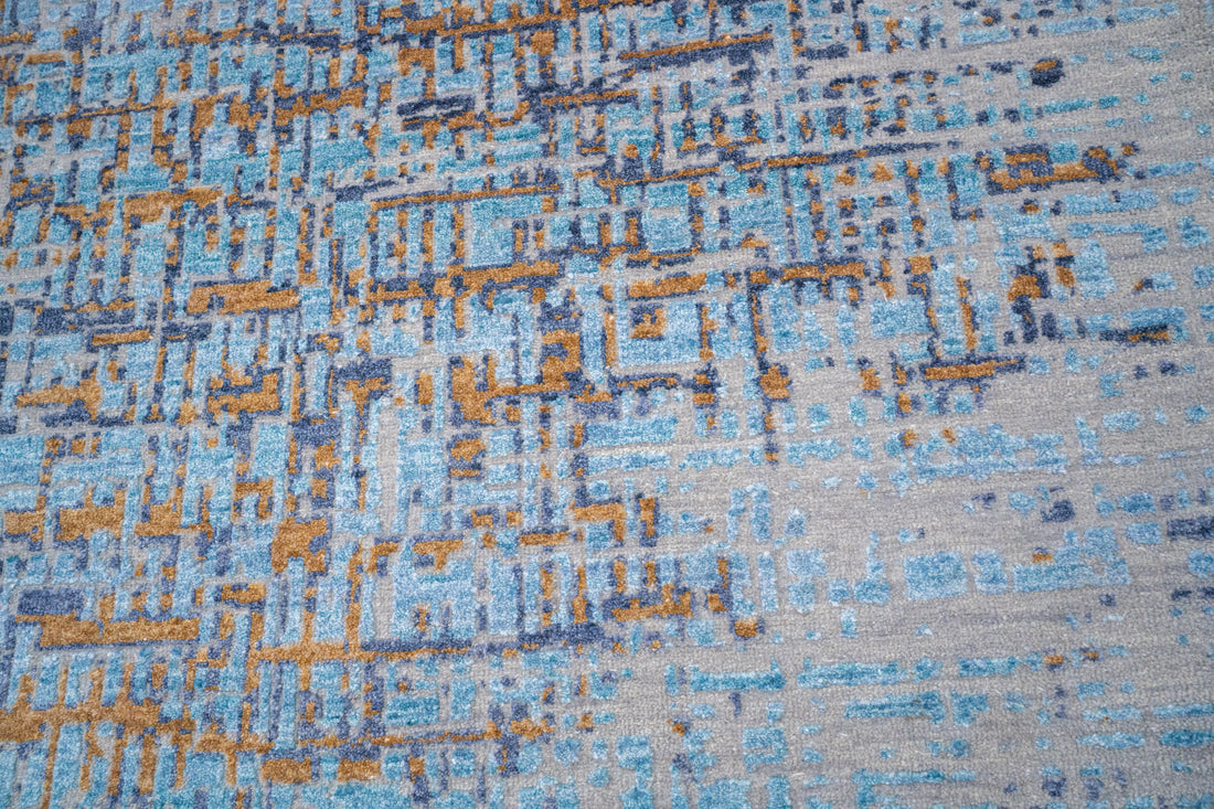 Handknotted Carpet, DIA: 0022 VS, Silver Chalice, Dark Sky Blue & Metallic Bronze