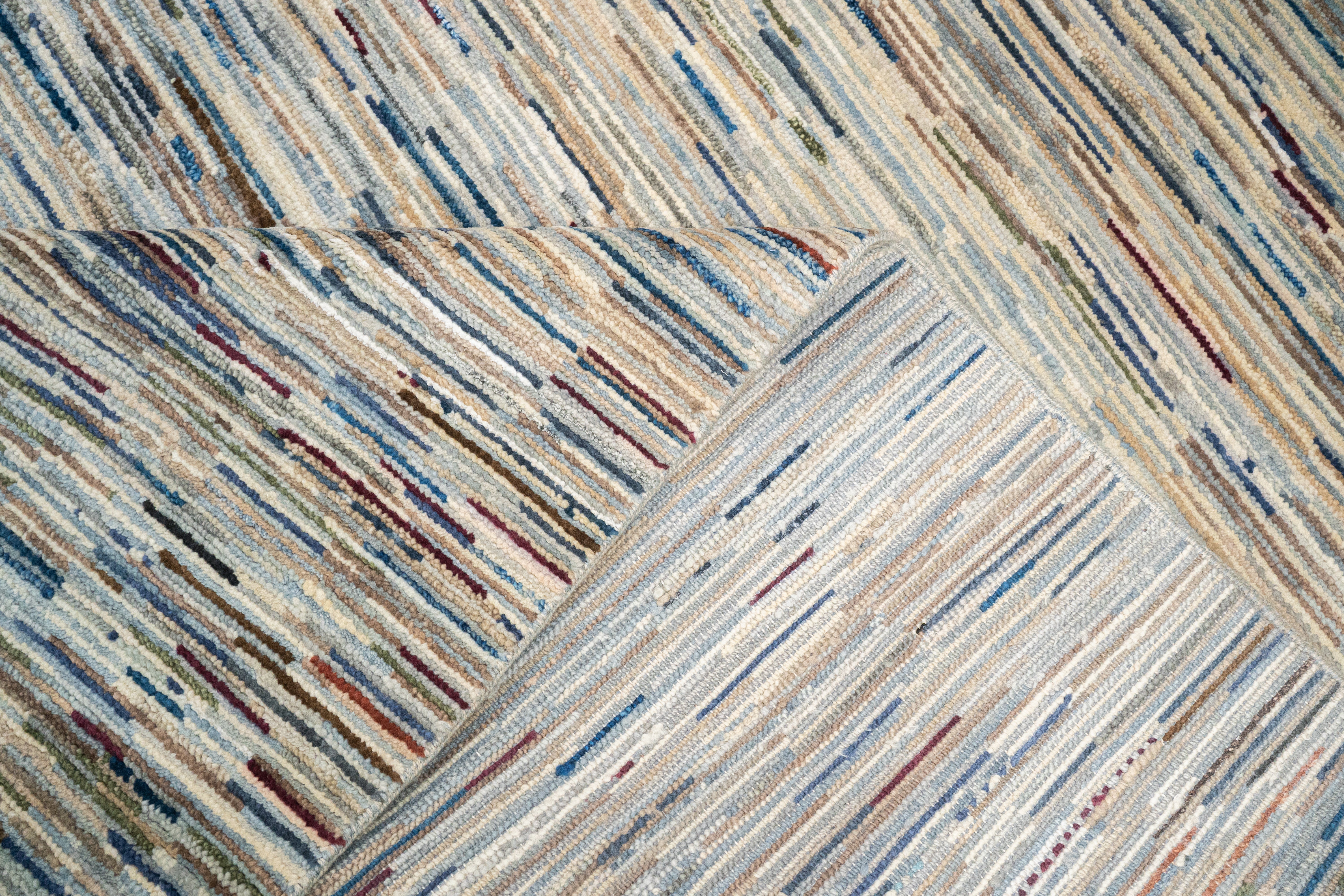 Handknotted Carpet DIA- 2086 MODERN LINEAR PATTERN, Steel Blue, Dusty Rose, Muted Teal
