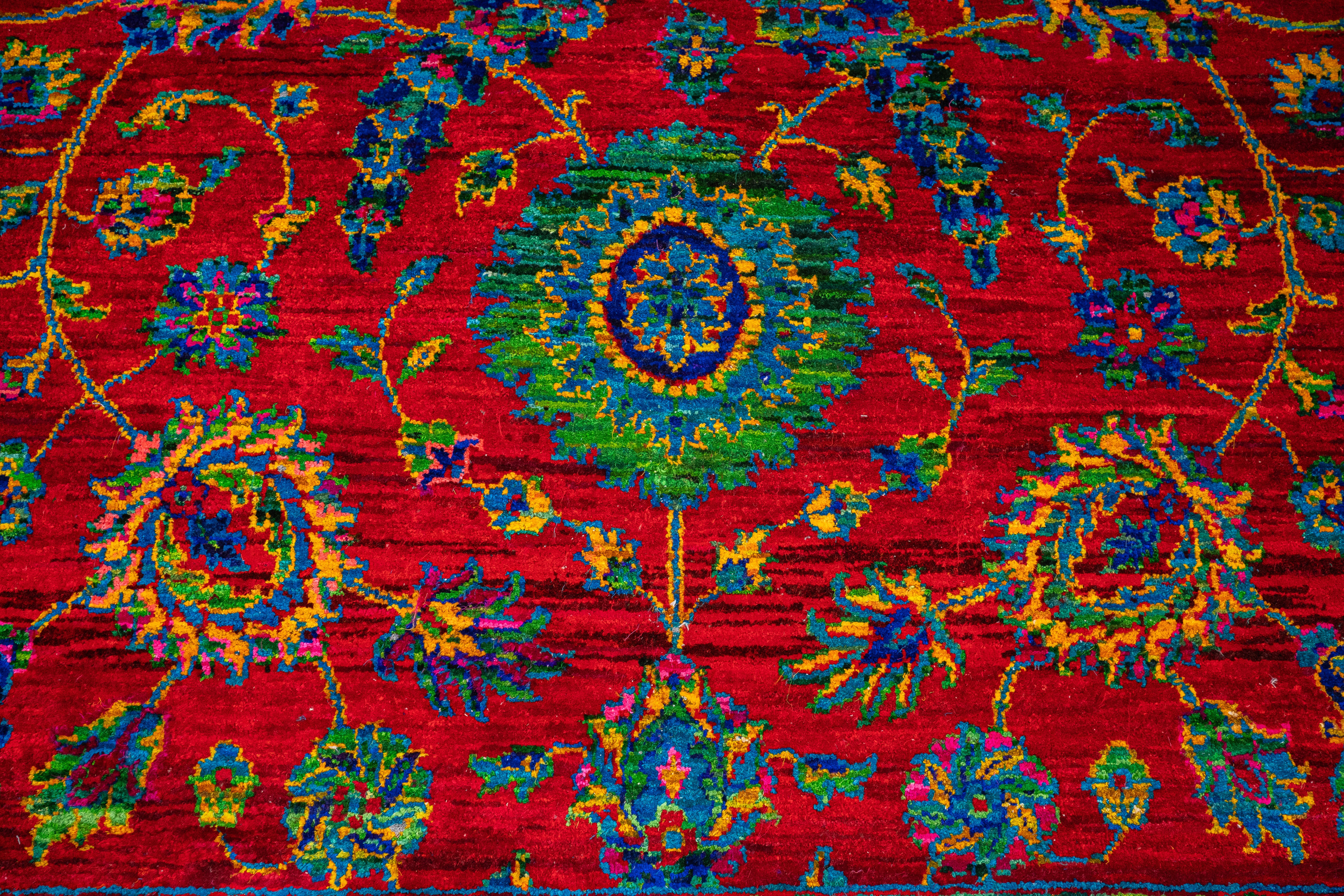 Handknotted Carpet, DIA: 449 IMPERIAL SCARLET BLOOM, Imperial Red, Cosmic Cobalt, & Selective Yellow