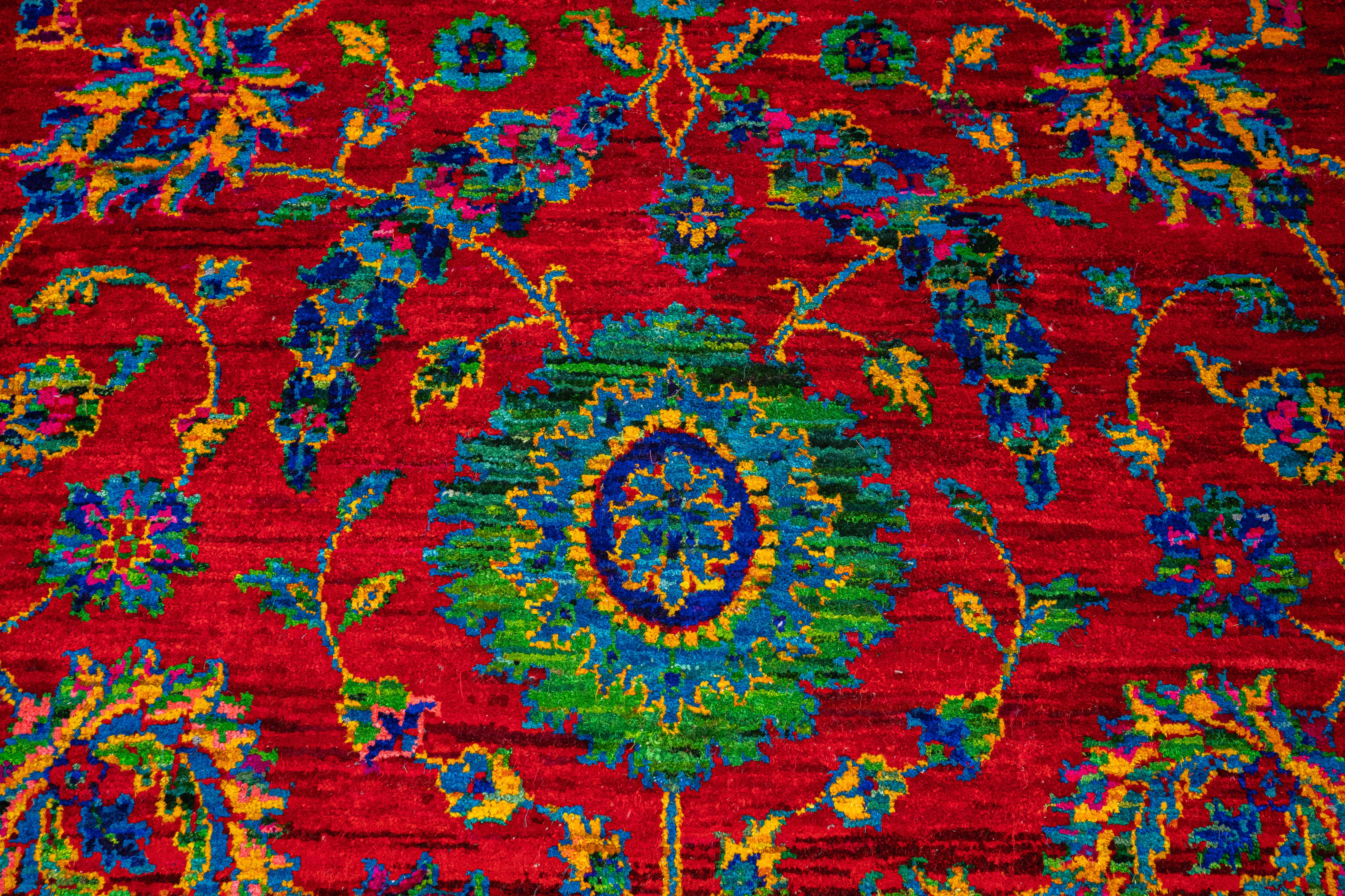 Handknotted Carpet, DIA: 449 IMPERIAL SCARLET BLOOM, Imperial Red, Cosmic Cobalt, & Selective Yellow