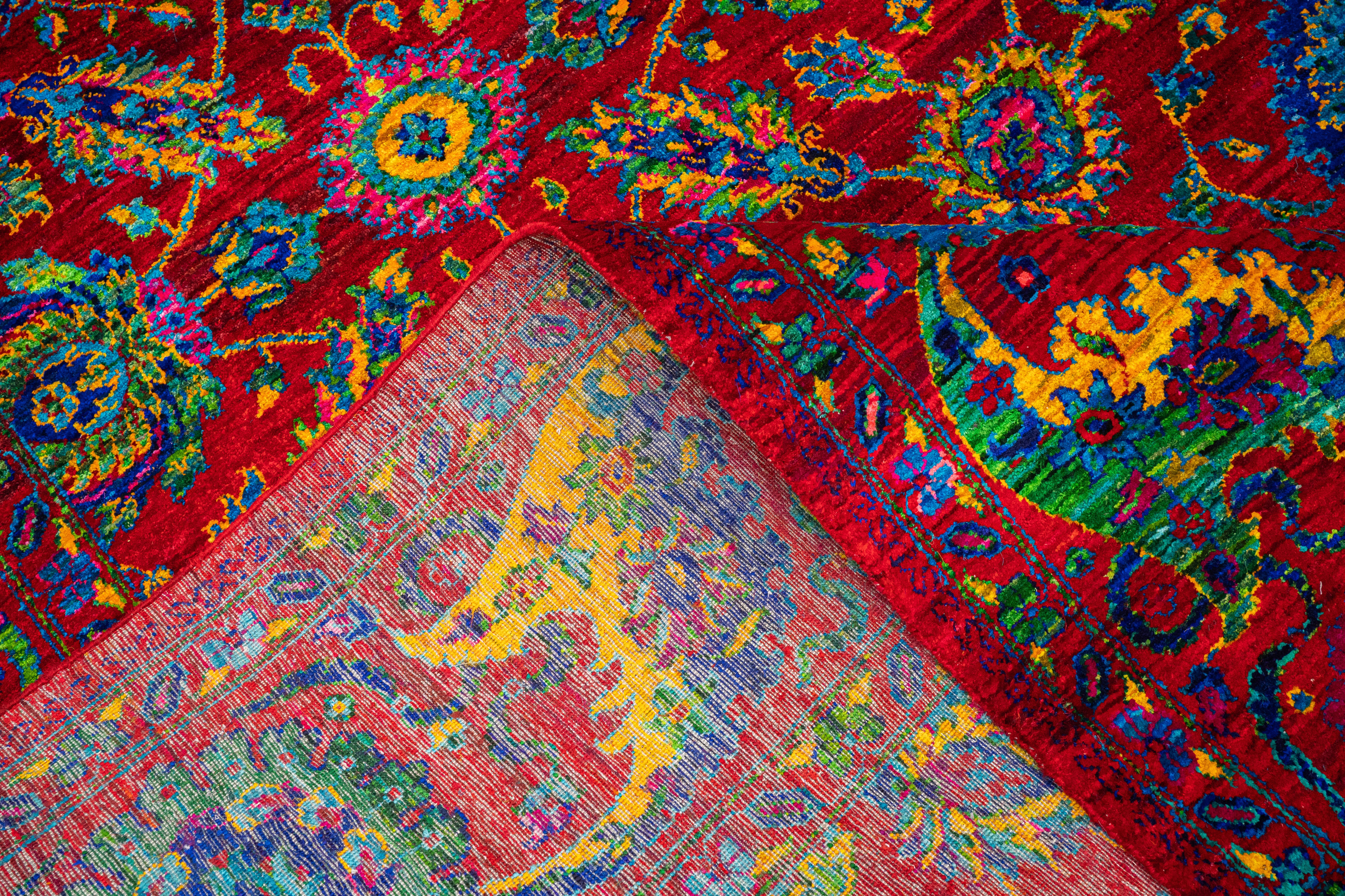 Handknotted Carpet, DIA: 449 IMPERIAL SCARLET BLOOM, Imperial Red, Cosmic Cobalt, & Selective Yellow